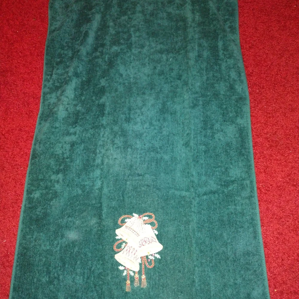 Set of 3 Green Christmas Themed Towels with Bell Applique